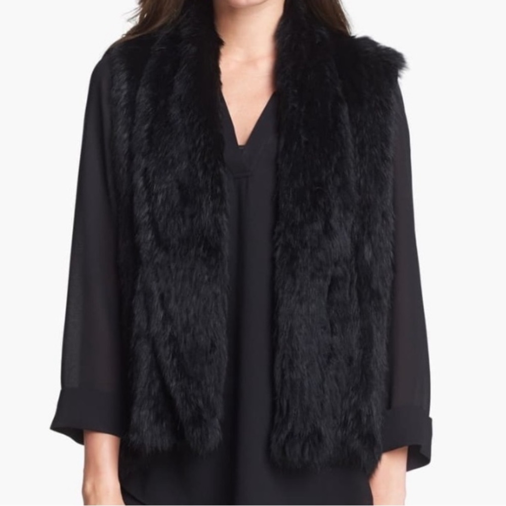 White + Warren 100% Merino Wool & Rabbit Fur vest in black, Size Medium, EUC